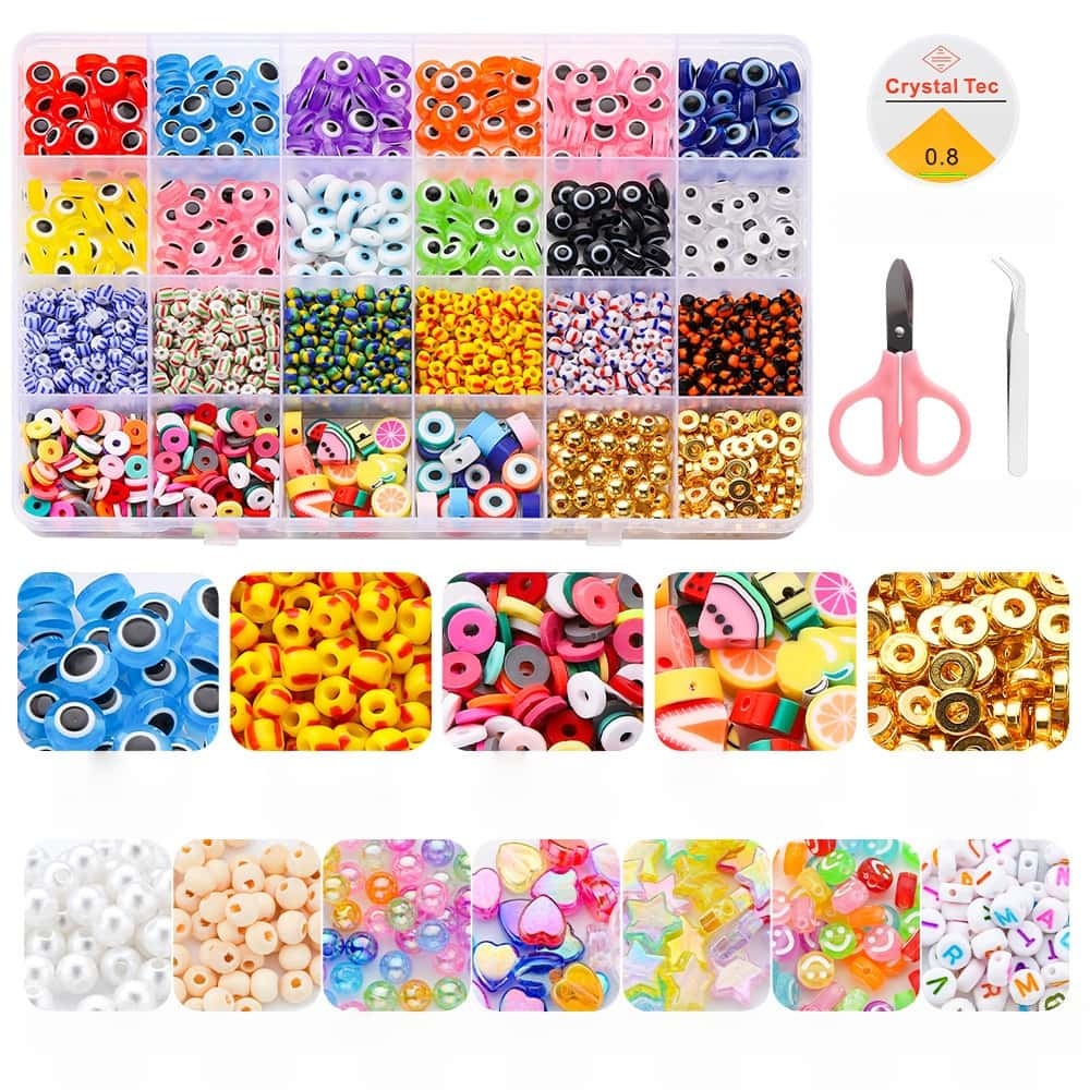 Resin & Glass & Polymer Clay Mixed Beads, 6mm, Evil Eye DIY Jewelry‑Making Kit, 24‑Grid Storage Box, Halloween Ornament Accessories