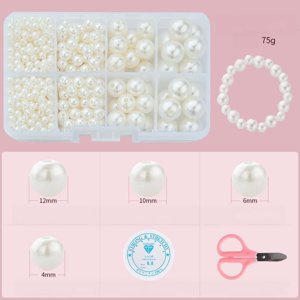 ABS Round Pearl Beads Kit,4‑12mm Mixed Sizes,about 370Pcs/box,10‑Grid Storage Box,DIY Handmade Jewelry‑Making Accessories