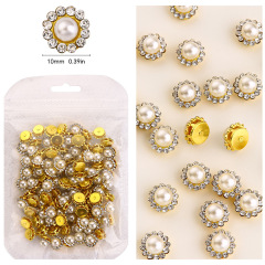 Sew‑On Claw Rhinestone, Sunflower Pearl Button, Gold Plated Base, 10mm, 100Pcs