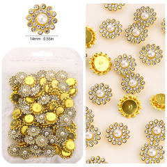 Sew‑On Claw Rhinestone, Double‑Layer Flower Pearl Button, Gold Plated Base, 14mm, 100Pcs