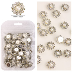 Sew‑On Claw Rhinestone, Double‑Layer Flower Pearl Button, Silver Plated Base, 14mm, 100Pcs