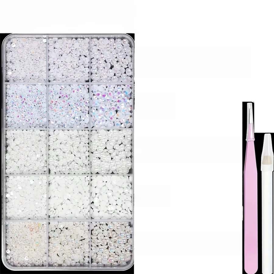 Resin Rhinestones & Half Round Pearls, White Glossy, For Nail Art Decoration & DIY Crafts, 15 Grid Box, Matching Dotting Pen and Tweezers
