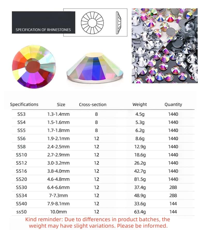 1440pcs,Glass Rhinestones, Gold‑Back Flat‑Back,1.5‑6.5mm, DIY Nail‑Art Jewelry‑Making Supplies