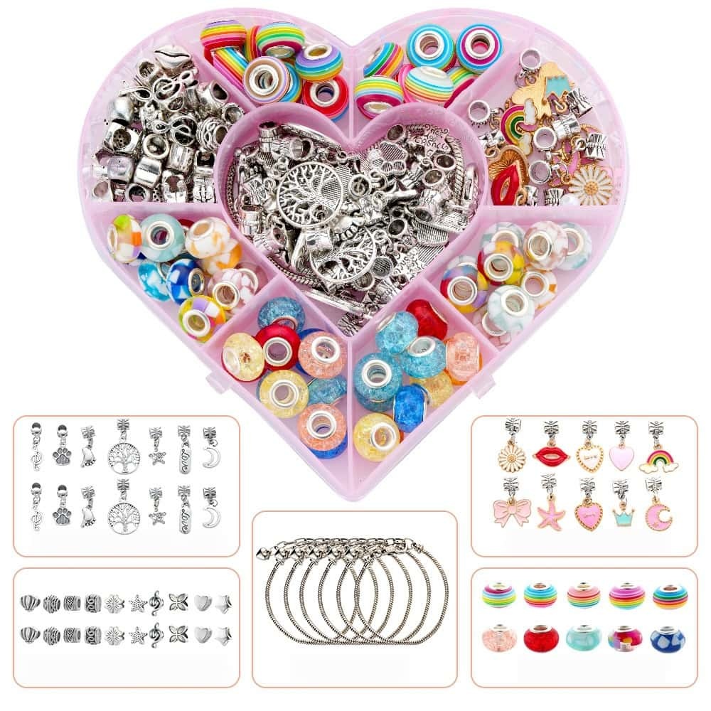 Cartoon Large-Hole Beads, Polymer Clay & PVC Material,Heart-Shaped 9-Grid/15-Grid Storage Box,Kids DIY Bracelet Jewelry-Making Supplies