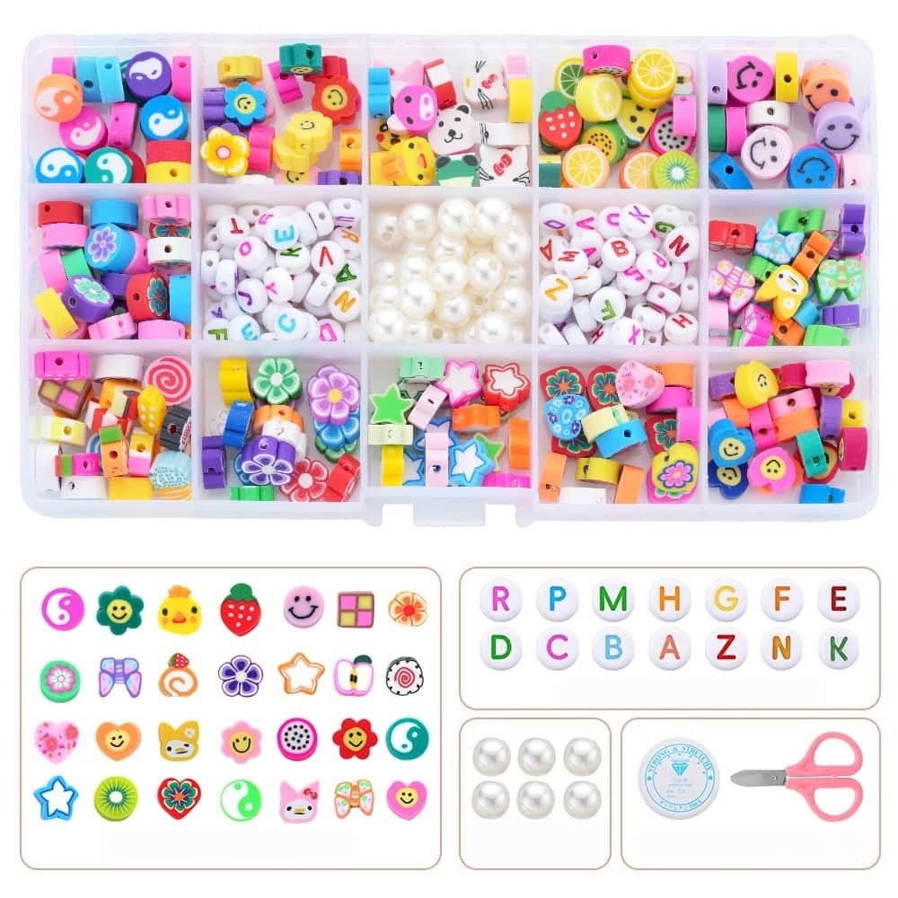 Cartoon Large-Hole Beads, Polymer Clay & PVC Material,Heart-Shaped 9-Grid/15-Grid Storage Box,Kids DIY Bracelet Jewelry-Making Supplies
