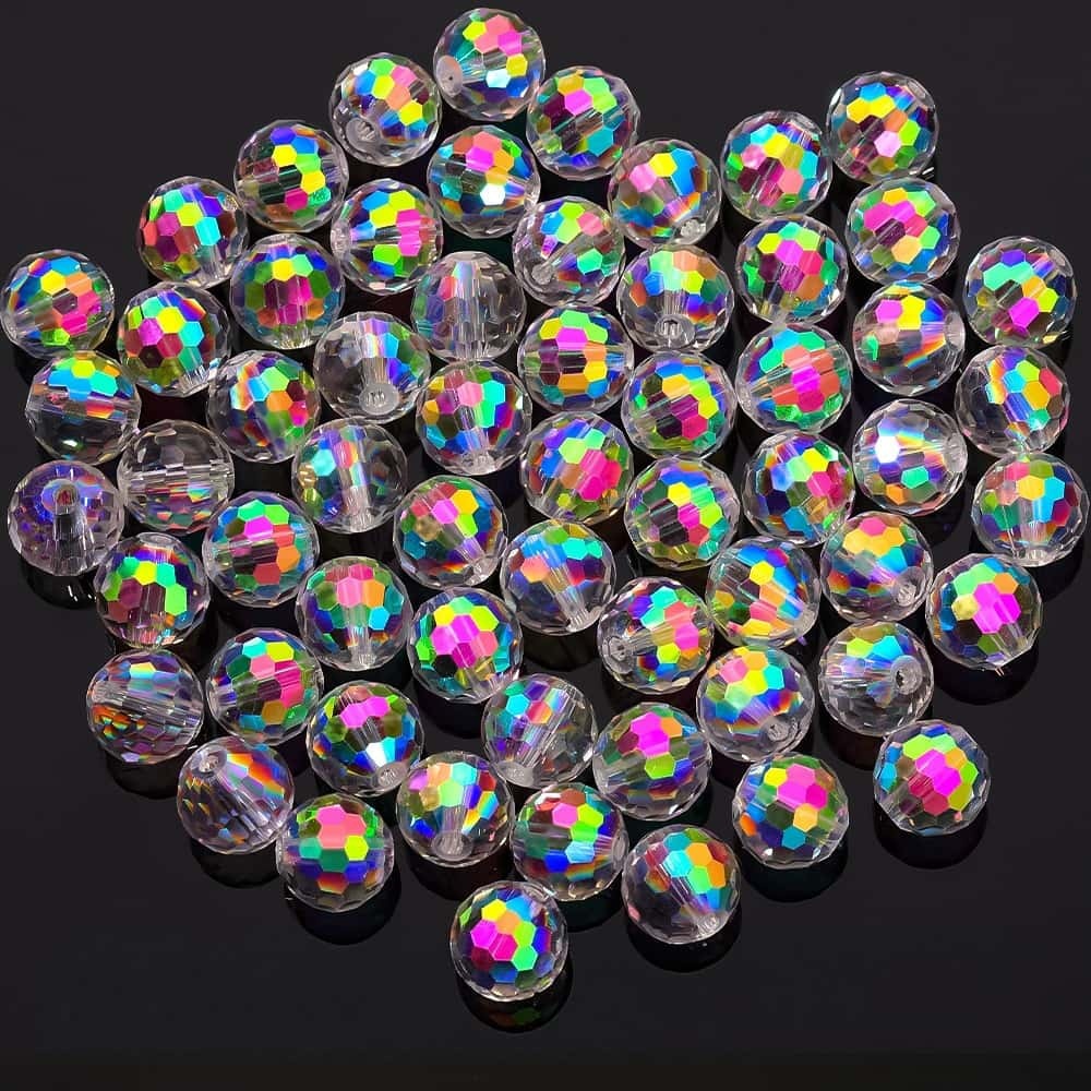 50Pcs, Crystal Glass 96‑Faceted Round Beads, 10mm, Aurora AB, DIY Bracelet Necklace Jewelry Making