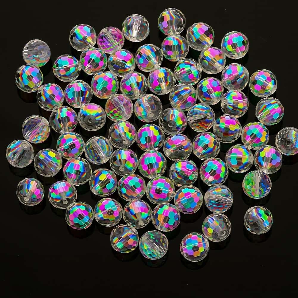 50Pcs, Crystal Glass 96‑Faceted Round Beads, 10mm, Aurora AB, DIY Bracelet Necklace Jewelry Making
