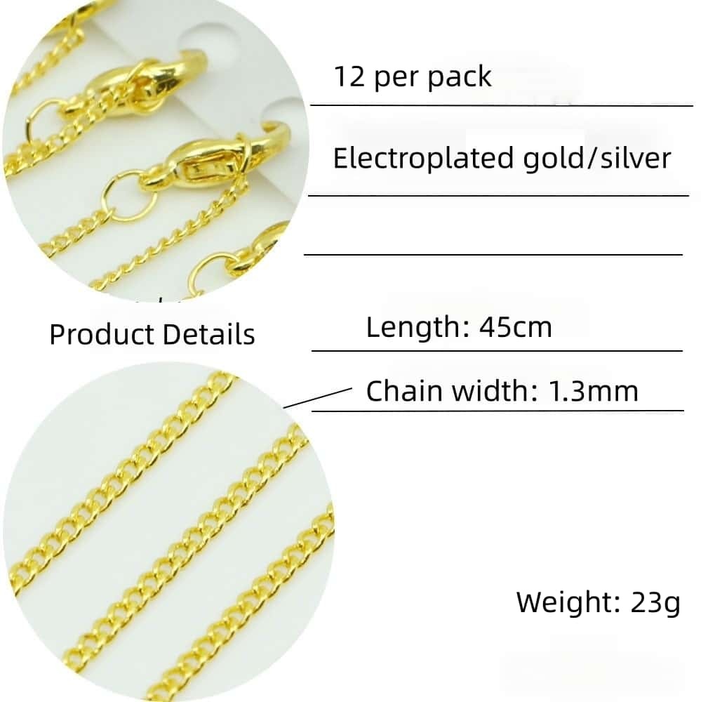 Copper‑Iron Core Chains, Finished Chains With Lobster Clasp, 1.3mm Width, 12pcs/pack