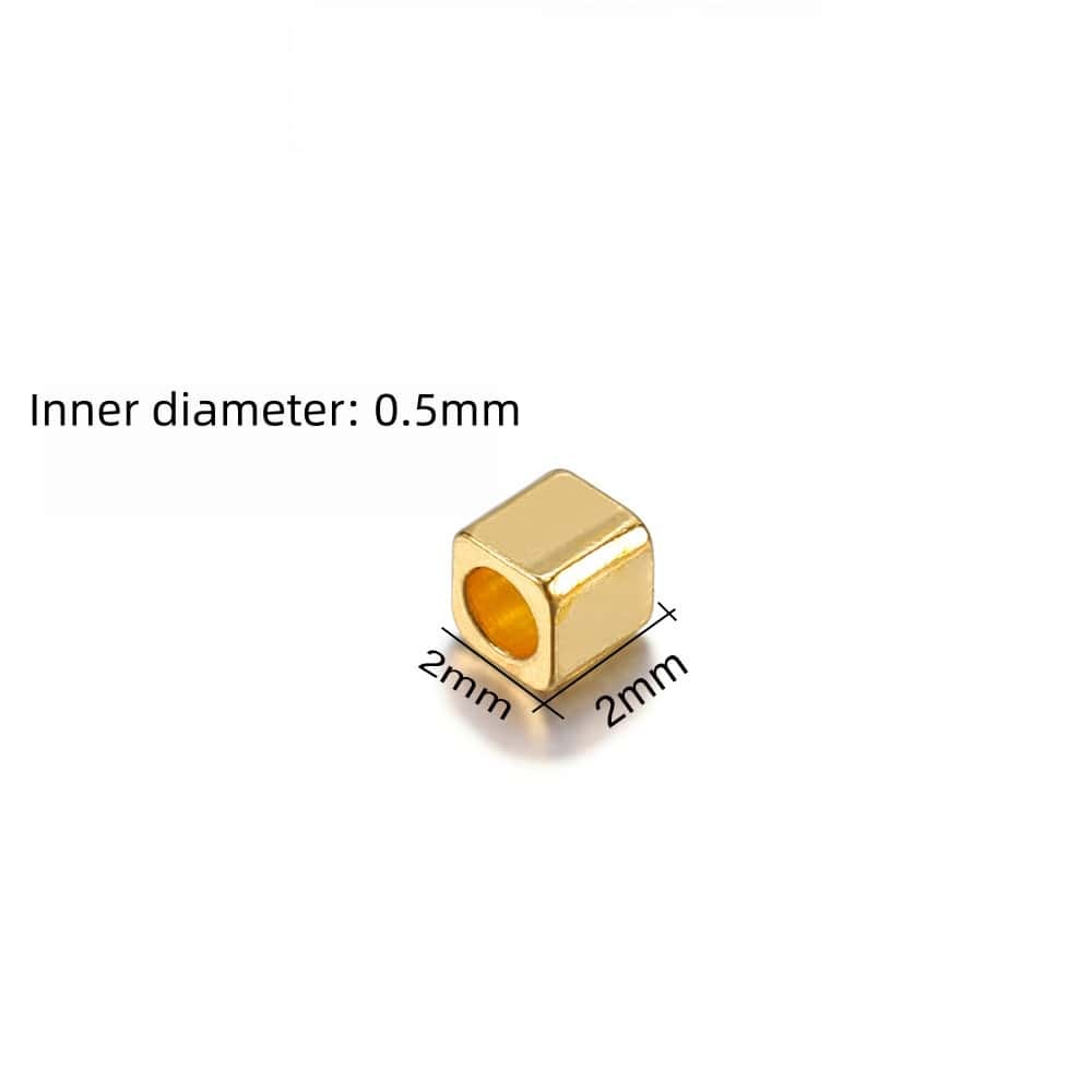 Brass Cube Spacer Beads, Large‑Hole Square Beads, 2*2mm, Hole:0.5mm, 100Pcs/Pack, 5g