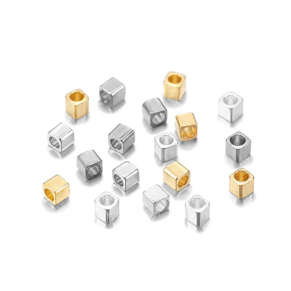 Brass Cube Spacer Beads, Large‑Hole Square Beads, 2*2mm, Hole:0.5mm, 100Pcs/Pack, 5g