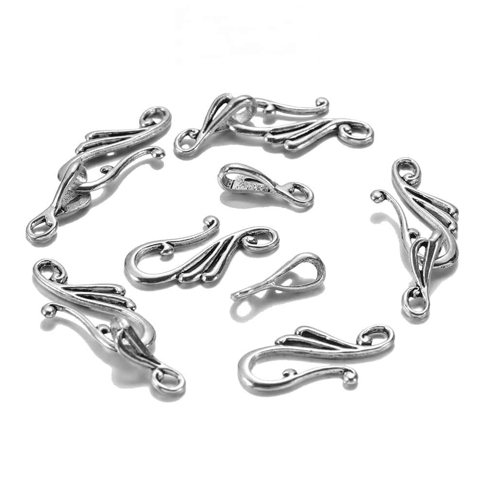 10Sets Zinc Alloy Hook and Eye Clasps, Hook 25x13mm, Eye Clasps 16x5.5mm, Musical Note, about 14g