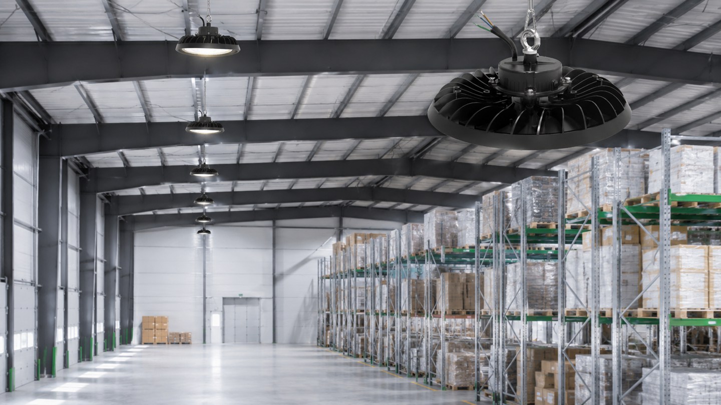 UFO LED high bay lights installed in a modern warehouse
