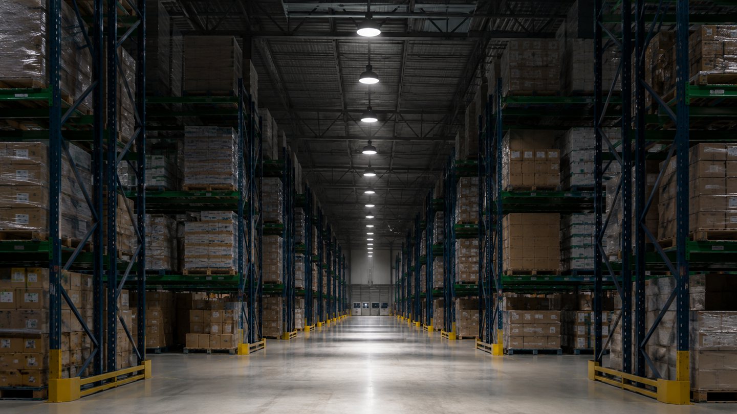 Dimmable LED high bay lights with sensor control in a warehouse
