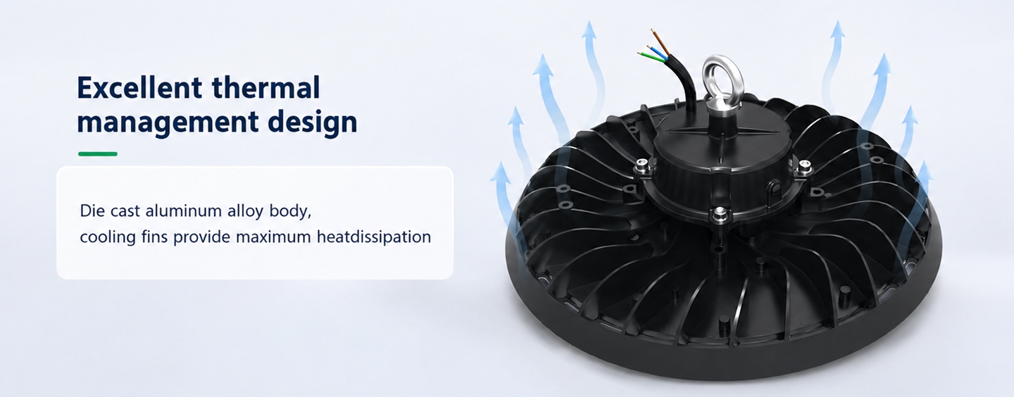 Die-cast aluminum heat sink of a UFO LED high bay light