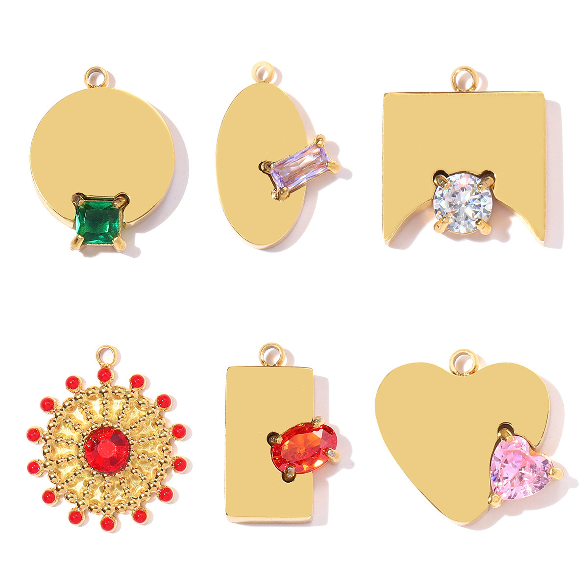 6pcs/pack Stainless Steel Zircon Geometric DIY Bracelet Charms Heart Oval Square Necklace Pendants Women Sun Jewelry Wholesale