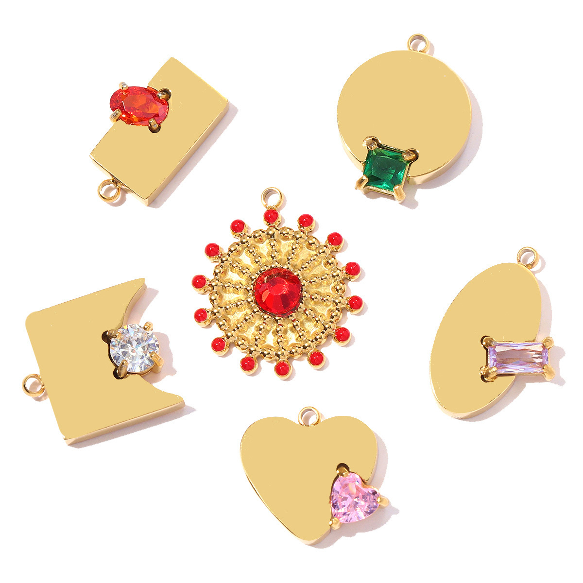 6pcs/pack Stainless Steel Zircon Geometric DIY Bracelet Charms Heart Oval Square Necklace Pendants Women Sun Jewelry Wholesale