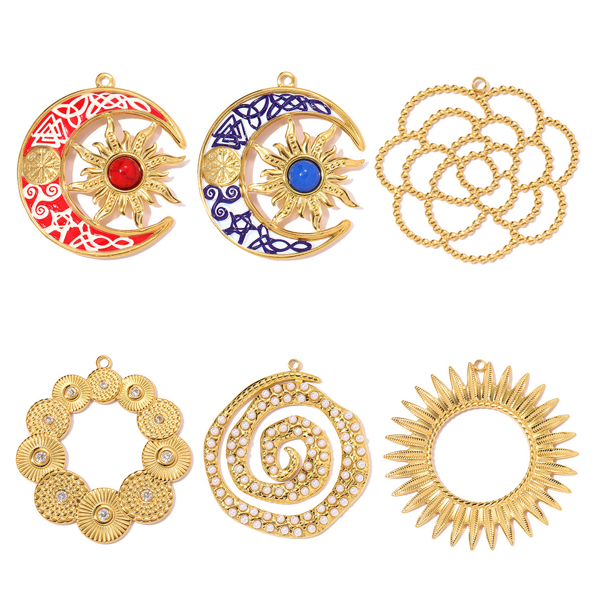 6pcs/pack Stainless Steel Crescent Moon Sun DIY Charms Hollow Flower Necklace Pendants Women Swirl Circle Jewelry Wholesale