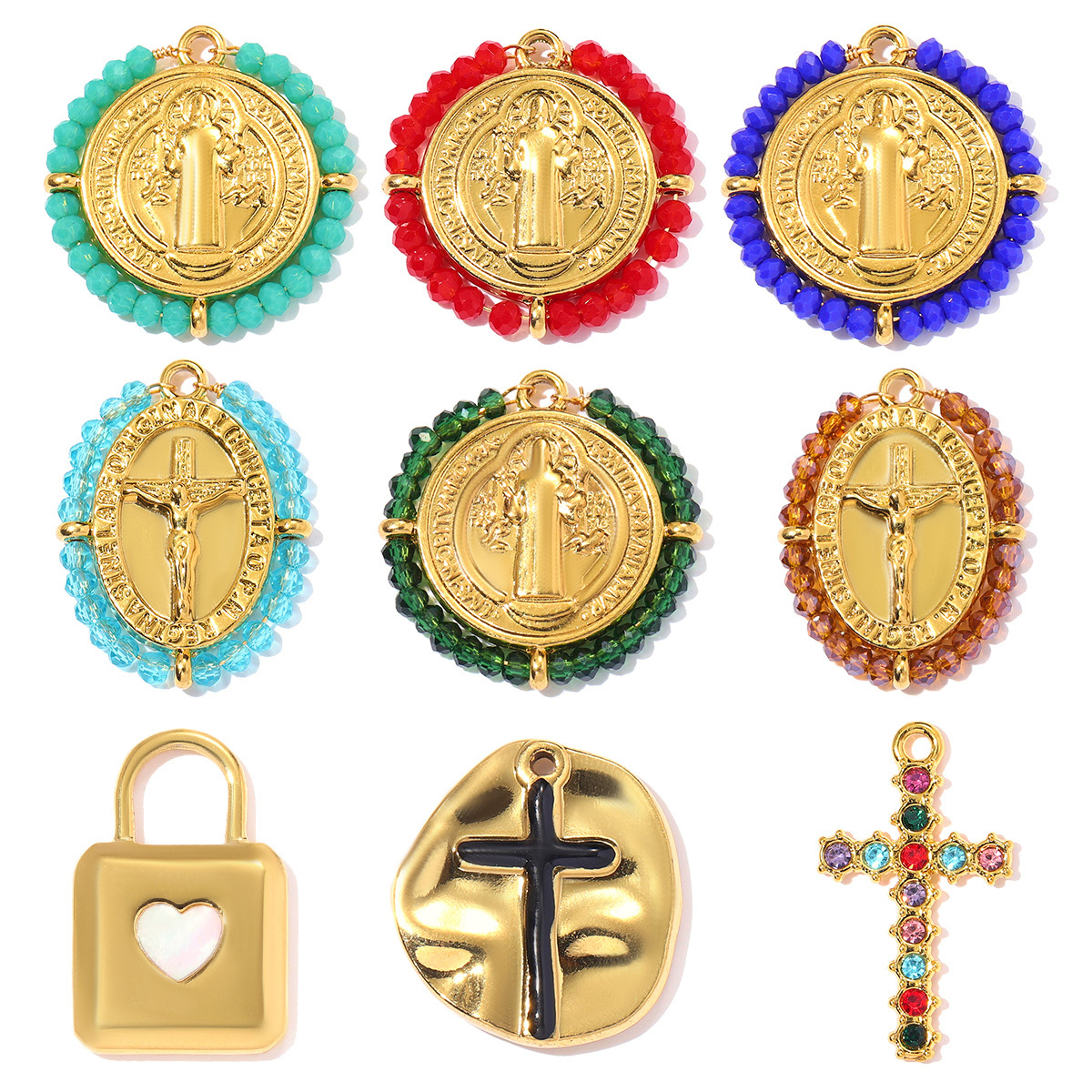 6pcs/pack Stainless Steel Heart Lock DIY Charms Rhinestone Cross Necklace Pendants Women Jesus Religious Jewelry Wholesale