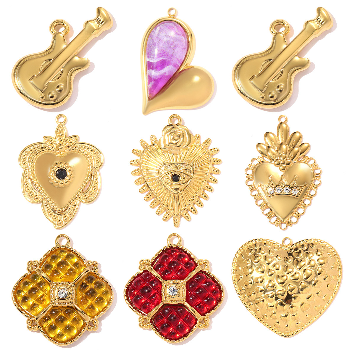 6pcs/pack Stainless Steel Crown Love Heart DIY Charm Rhinestone Clover Flower Necklace Pendant Women Eye Guitar Jewelry Wholesale