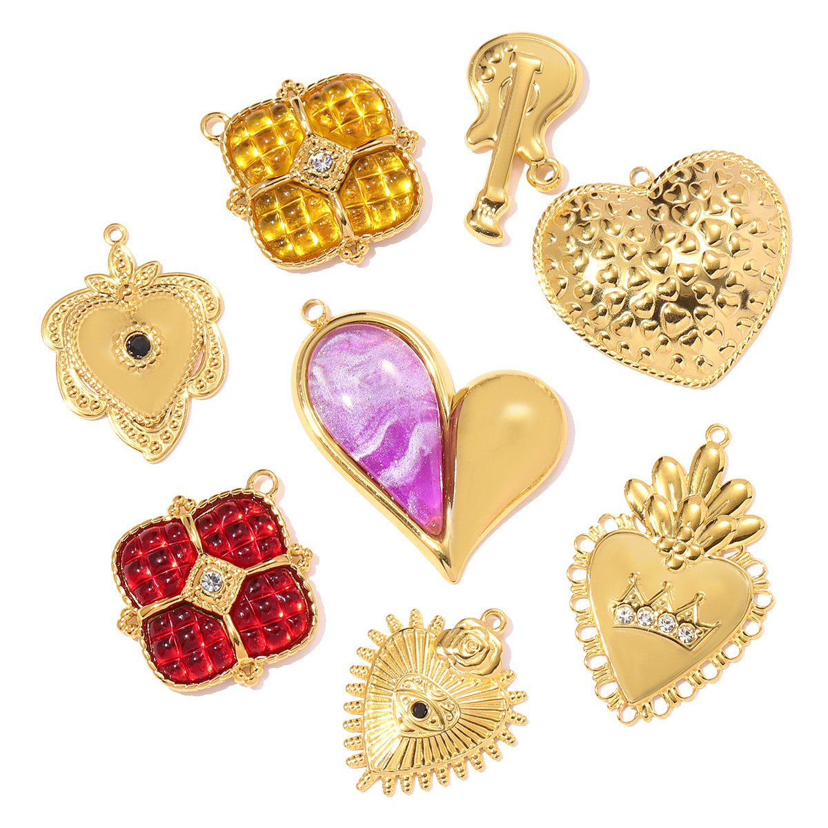 6pcs/pack Stainless Steel Crown Love Heart DIY Charm Rhinestone Clover Flower Necklace Pendant Women Eye Guitar Jewelry Wholesale
