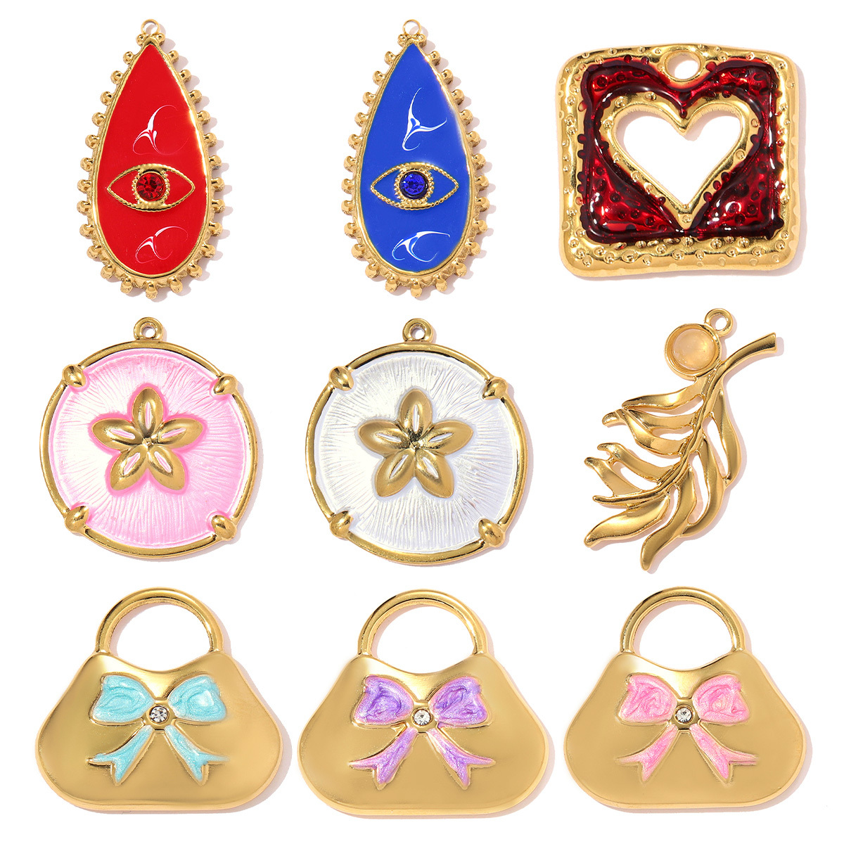 6pcs/pack Stainless Steel Waterdroop Evil Eye DIY Charm Knot Hand Bag Necklace Pendant Women Love Heart Jewelry Wholesale