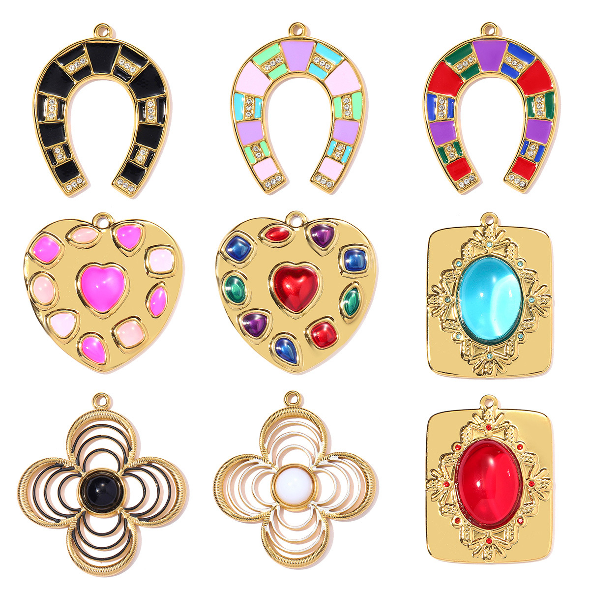 6pcs/pack Stainless Steel Enamel Horseshoe DIY Charms Hollow Clover Necklace Pendant Women Suqare Heart Jewelry Wholesale