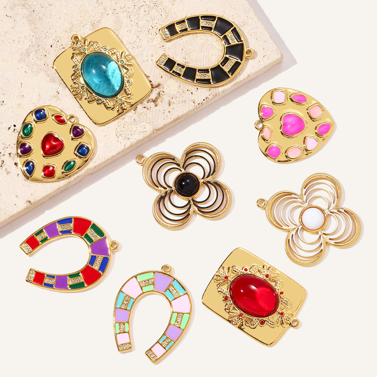 6pcs/pack Stainless Steel Enamel Horseshoe DIY Charms Hollow Clover Necklace Pendant Women Suqare Heart Jewelry Wholesale