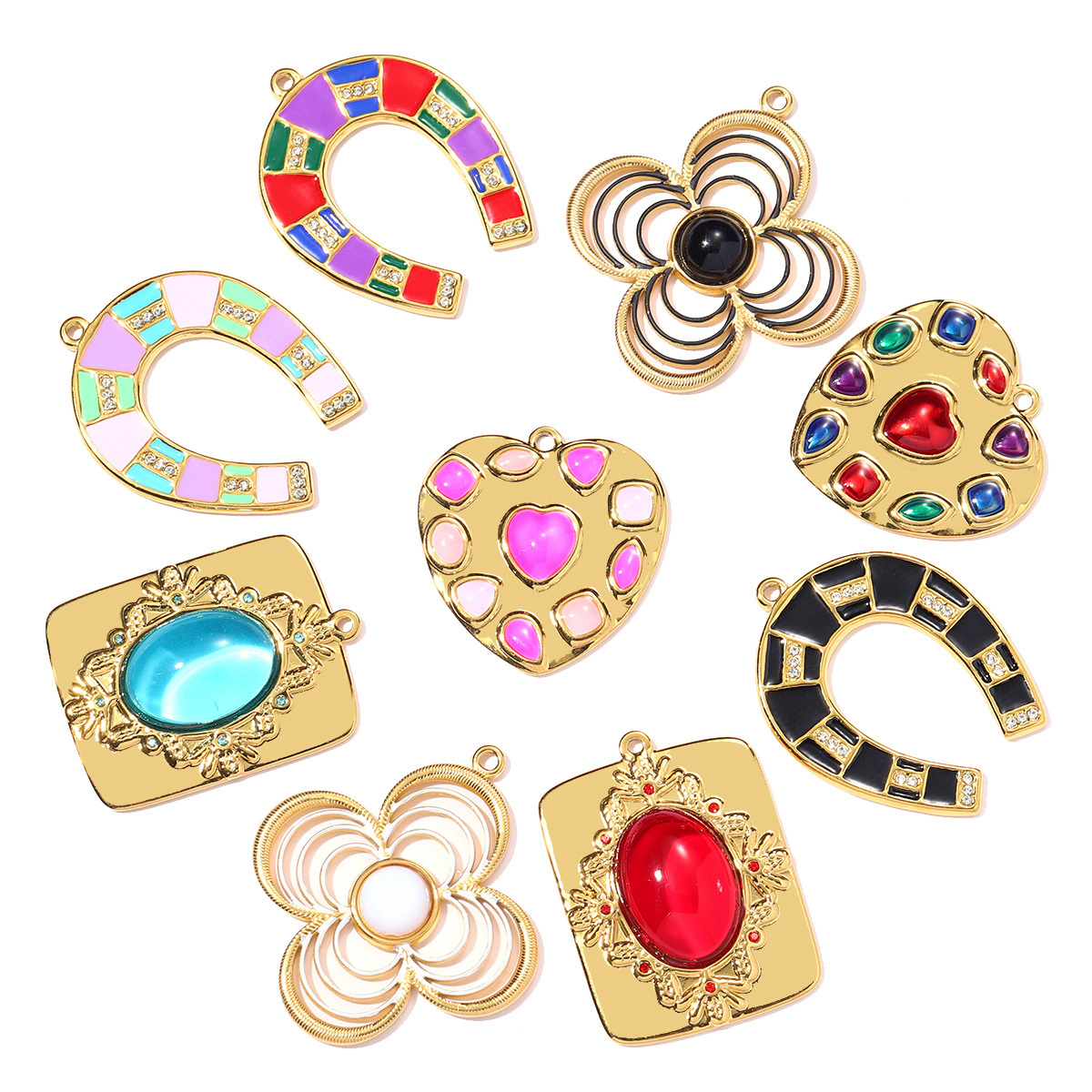 6pcs/pack Stainless Steel Enamel Horseshoe DIY Charms Hollow Clover Necklace Pendant Women Suqare Heart Jewelry Wholesale