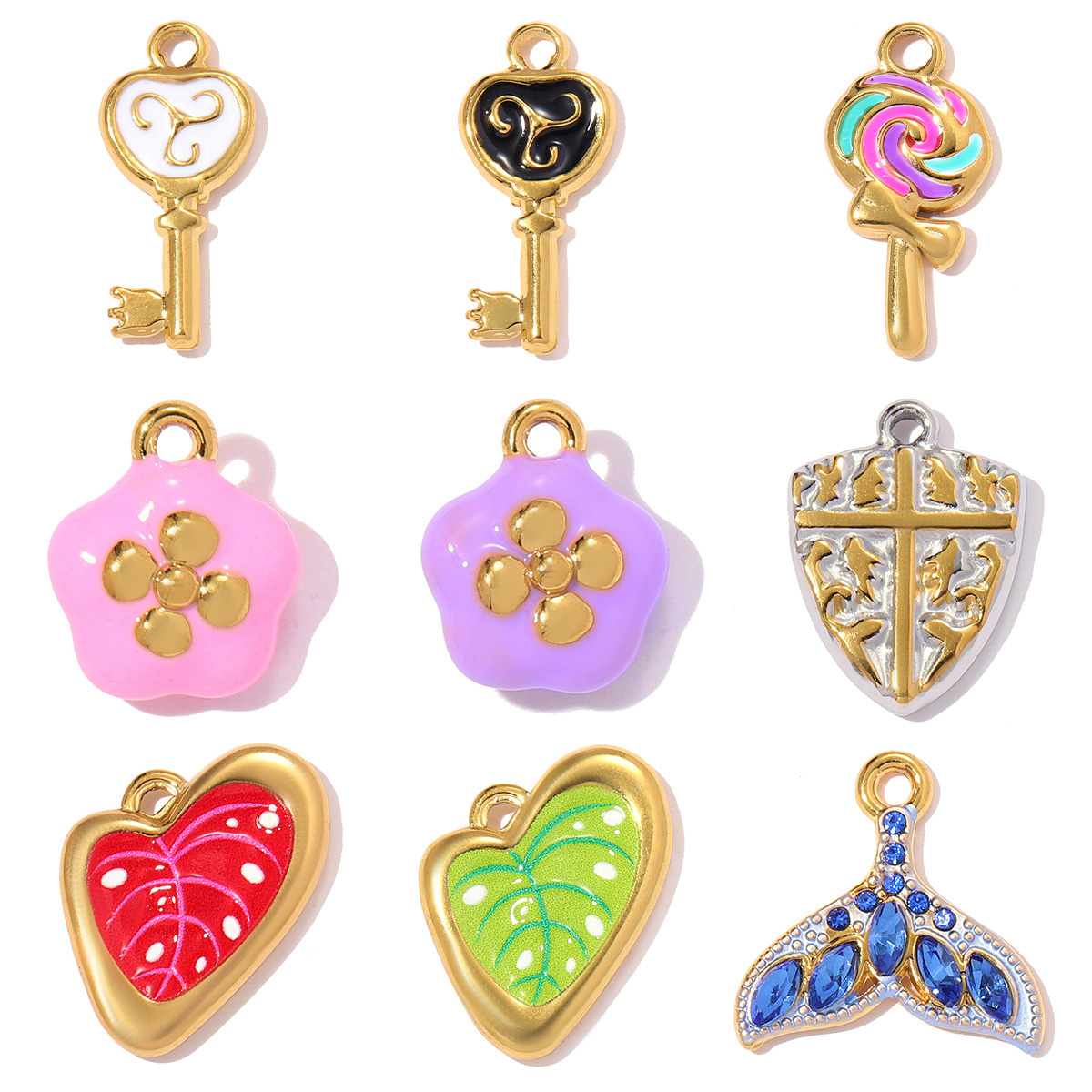 6pcs/pack Stainless Steel Enamel Leaf Love Heart DIY Charms Lollipop Flower Necklace Pendants Women Cross Tail Jewelry Wholesale