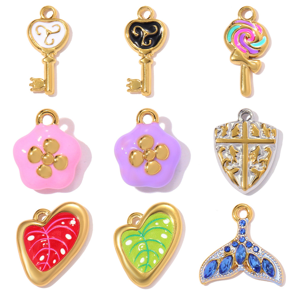 6pcs/pack Stainless Steel Enamel Leaf Love Heart DIY Charms Lollipop Flower Necklace Pendants Women Cross Tail Jewelry Wholesale