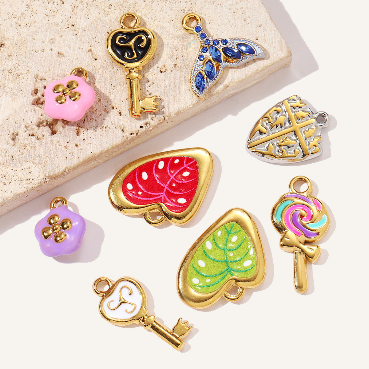 6pcs/pack Stainless Steel Enamel Leaf Love Heart DIY Charms Lollipop Flower Necklace Pendants Women Cross Tail Jewelry Wholesale