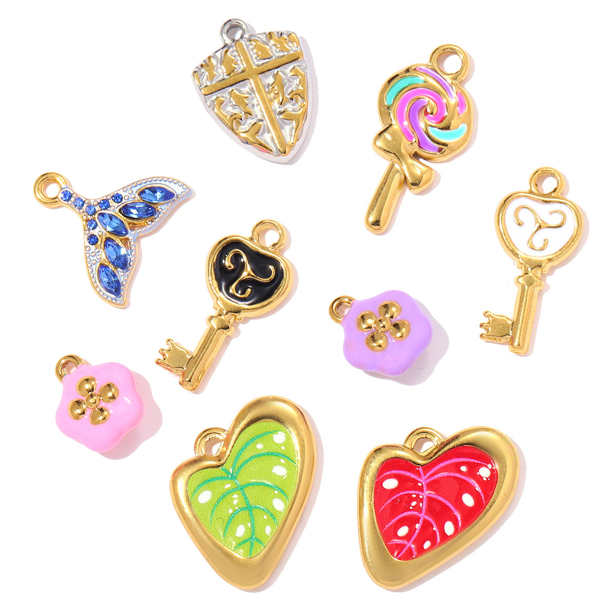 6pcs/pack Stainless Steel Enamel Leaf Love Heart DIY Charms Lollipop Flower Necklace Pendants Women Cross Tail Jewelry Wholesale