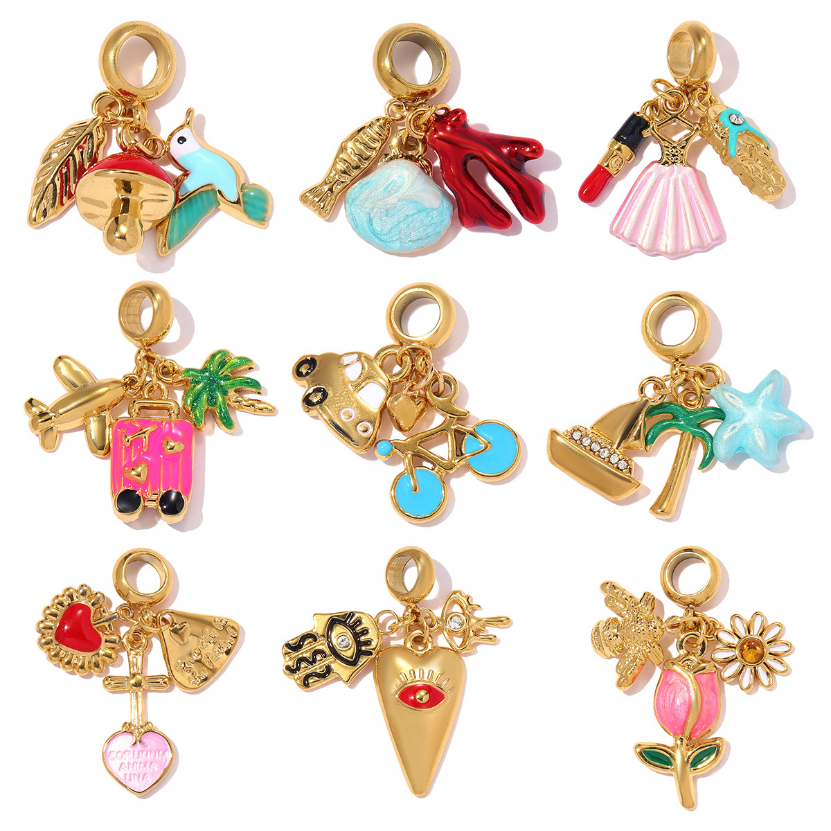 6pcs/pack Stainless Steel Rose Flowers DIY Bracelet Charms Lipstick Bike Heart Necklace Pendants Women Suitcase Jewelry Wholesale