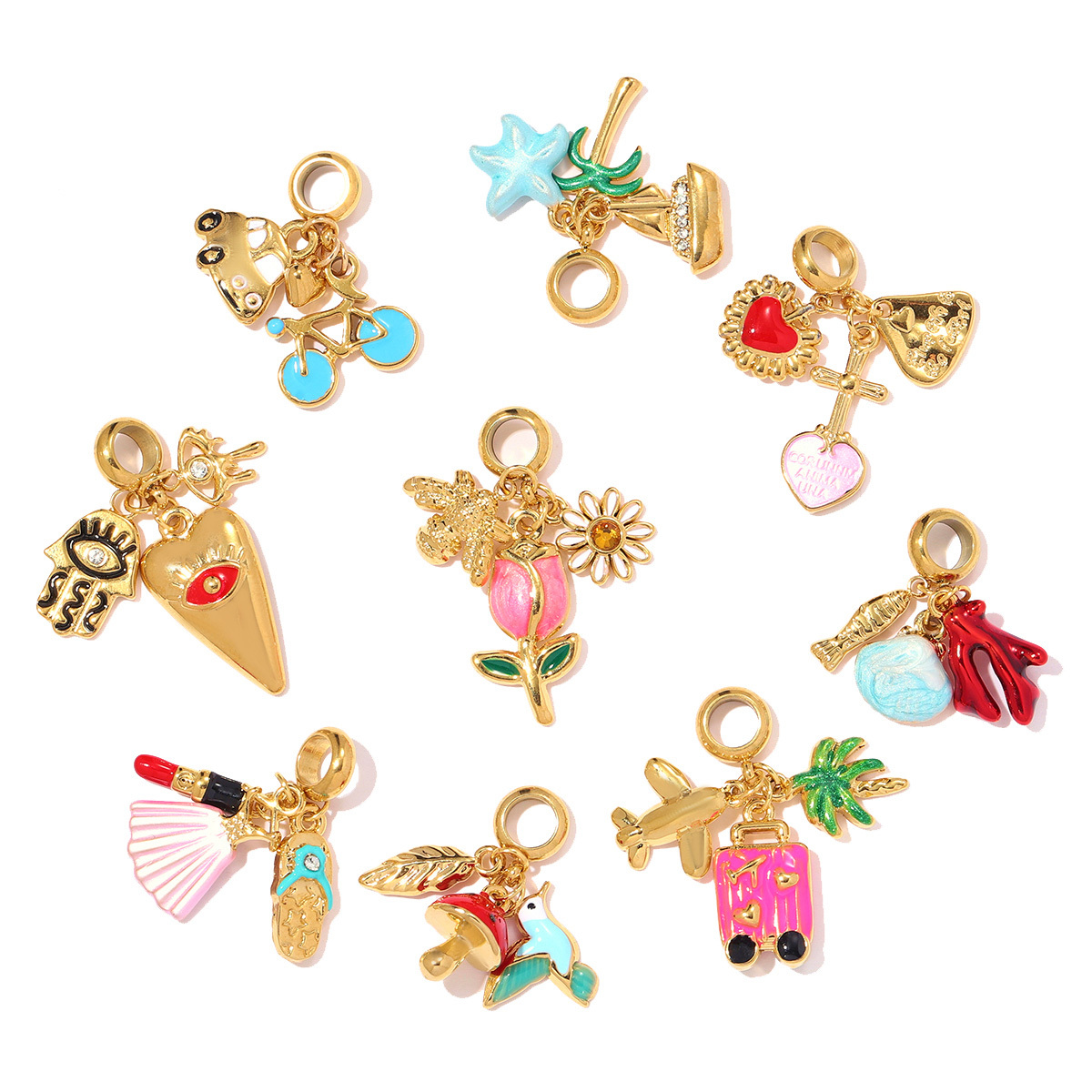 6pcs/pack Stainless Steel Rose Flowers DIY Bracelet Charms Lipstick Bike Heart Necklace Pendants Women Suitcase Jewelry Wholesale