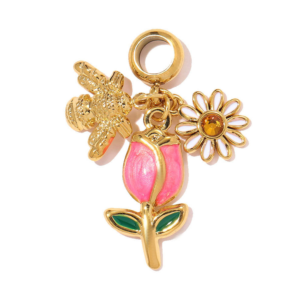 6pcs/pack Stainless Steel Rose Flowers DIY Bracelet Charms Lipstick Bike Heart Necklace Pendants Women Suitcase Jewelry Wholesale