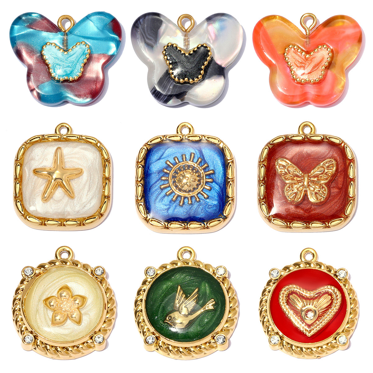 6pcs/pack Stainless Steel Resin Butterfly Starfish DIY Earring Charm Sun Flower Necklace Pendants Women Dove Bird Jewelry Wholesale