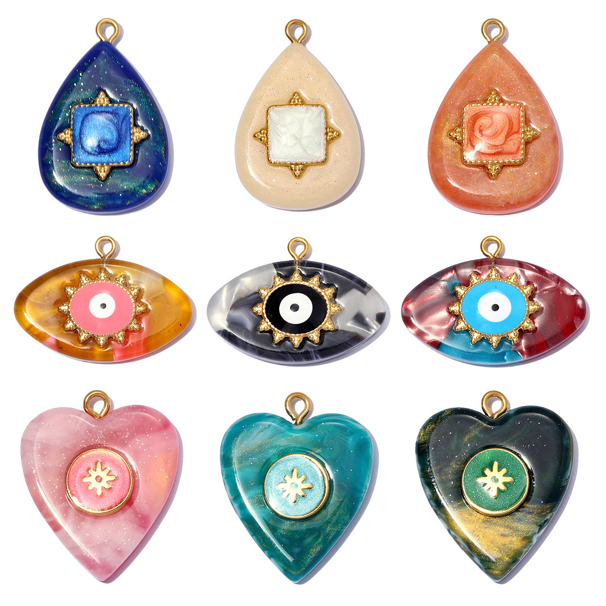 6pcs/pack Stainless Steel Resin Waterdrop Heart DIY Bracelet Charm Evil Eye Oval Necklace Pendants Women Star Sun Jewelry Wholesale