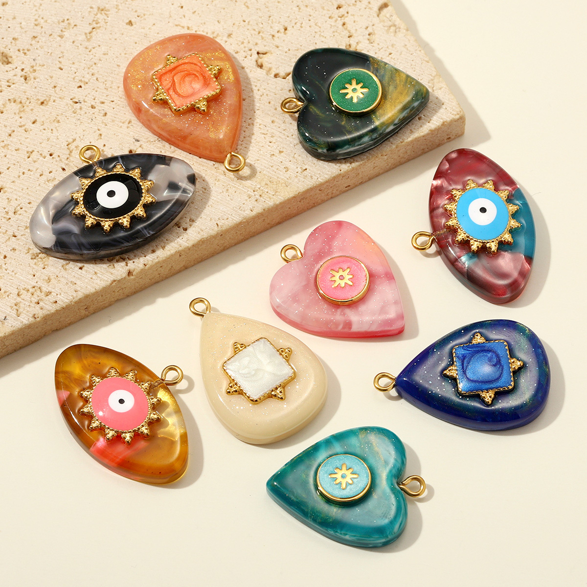 6pcs/pack Stainless Steel Resin Waterdrop Heart DIY Bracelet Charm Evil Eye Oval Necklace Pendants Women Star Sun Jewelry Wholesale