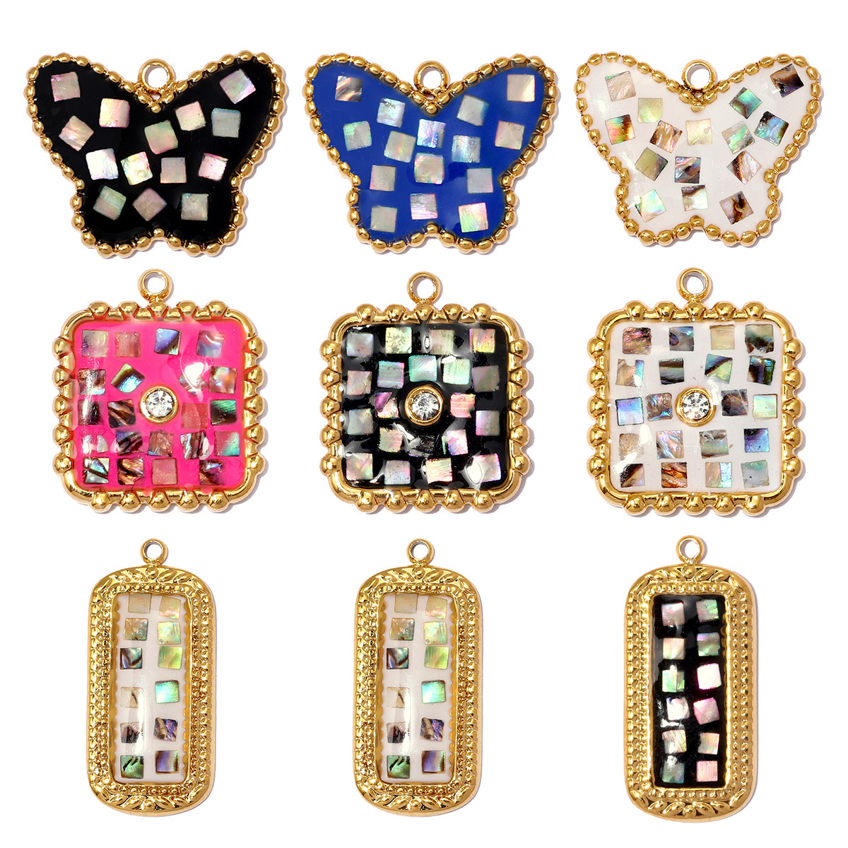 6pcs/pack Stainless Steel Natural Abalone Shell DIY Charms Butterfly Square Necklace Pendants Women Geometric Jewelry Wholesale