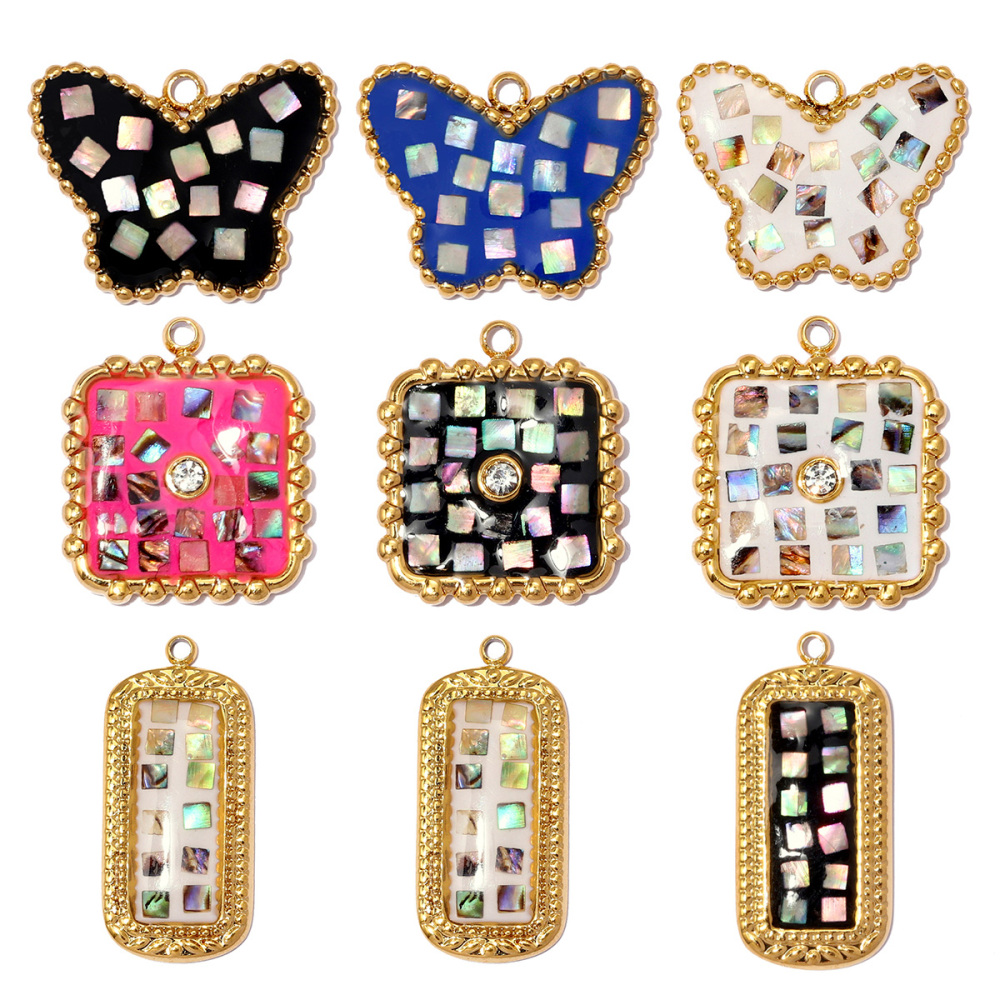 6pcs/pack Stainless Steel Natural Abalone Shell DIY Charms Butterfly Square Necklace Pendants Women Geometric Jewelry Wholesale