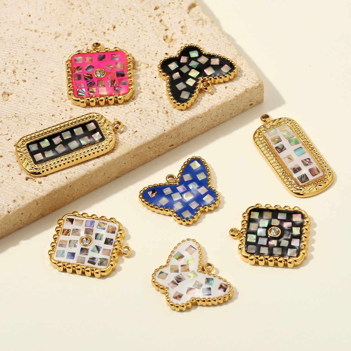 6pcs/pack Stainless Steel Natural Abalone Shell DIY Charms Butterfly Square Necklace Pendants Women Geometric Jewelry Wholesale