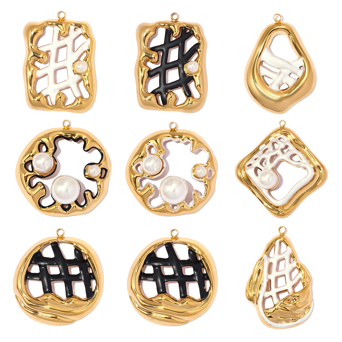 6pcs/pack Stainless Steel Hollow Pearl DIY Earring Charm Enamel Waffle Necklace Pendant Women Creativity Geometric Jewelry Wholesale
