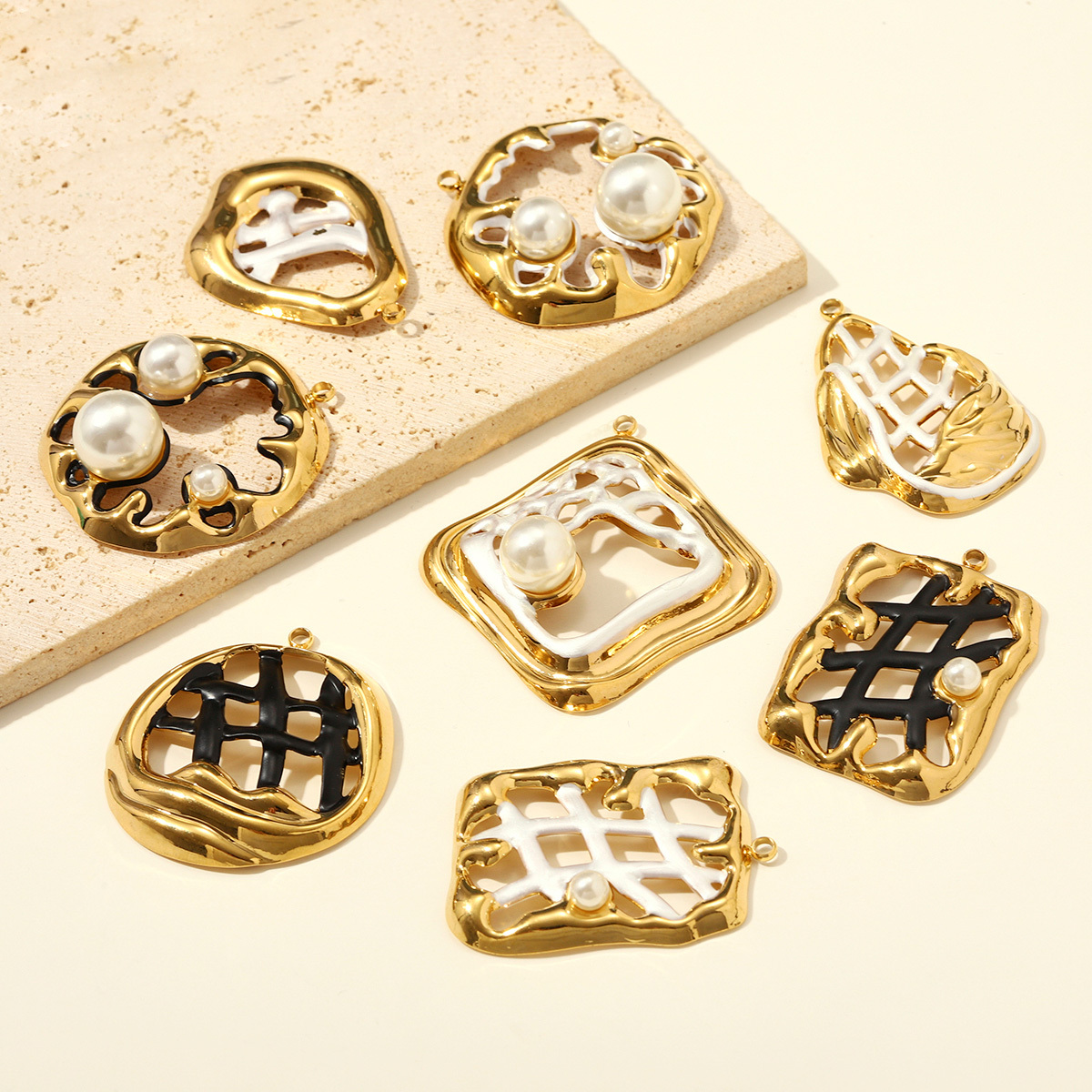 6pcs/pack Stainless Steel Hollow Pearl DIY Earring Charm Enamel Waffle Necklace Pendant Women Creativity Geometric Jewelry Wholesale