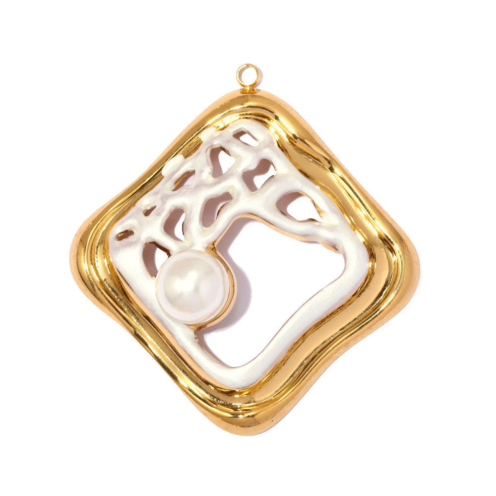 6pcs/pack Stainless Steel Hollow Pearl DIY Earring Charm Enamel Waffle Necklace Pendant Women Creativity Geometric Jewelry Wholesale