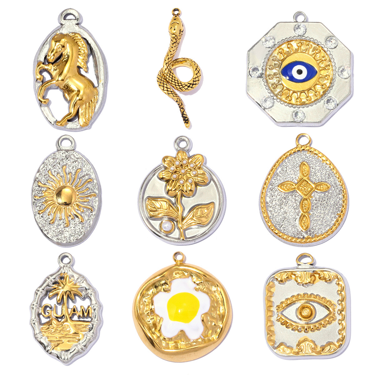 6pcs/pack Stainless Steel Two Tone Flower Plam Guam DIY Charms Horse Snake Fried Egg Pendant Women Eye Sun Jewelry Wholesale