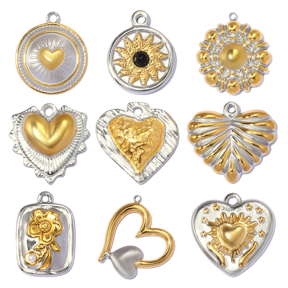 6pcs/pack Stainless Steel Two Tone Flower DIY Bracelet Charms Sun Love Heart Pendant Women Geometric Round Jewelry Wholesale