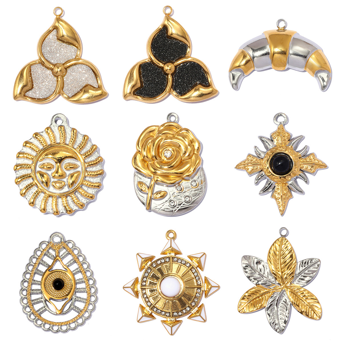 6pcs/pack Stainless Steel Two Tone Sun Leaf DIY Charms Cross Eye Rudder Necklace Pendant Women Rose Flower Jewelry Wholesale