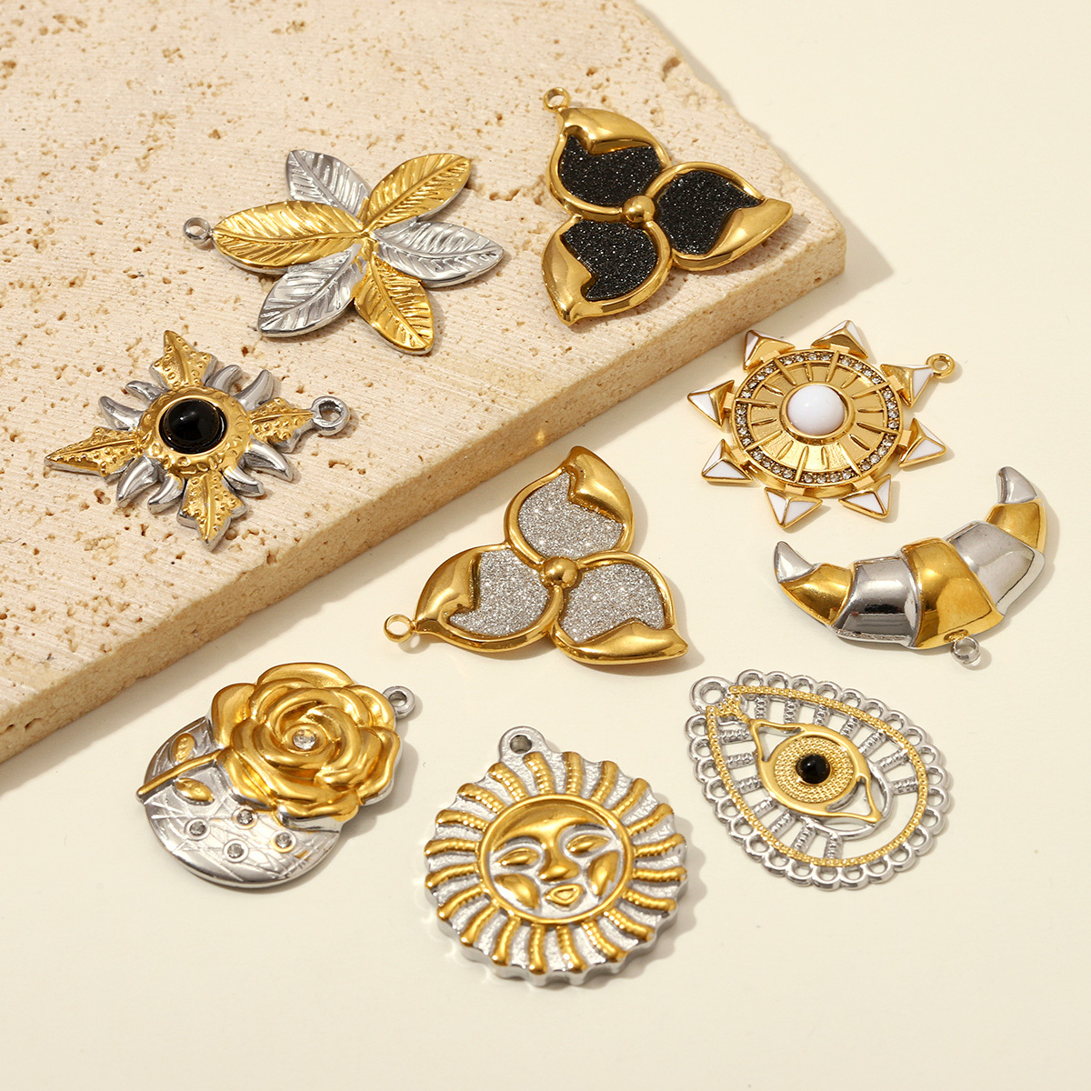 6pcs/pack Stainless Steel Two Tone Sun Leaf DIY Charms Cross Eye Rudder Necklace Pendant Women Rose Flower Jewelry Wholesale