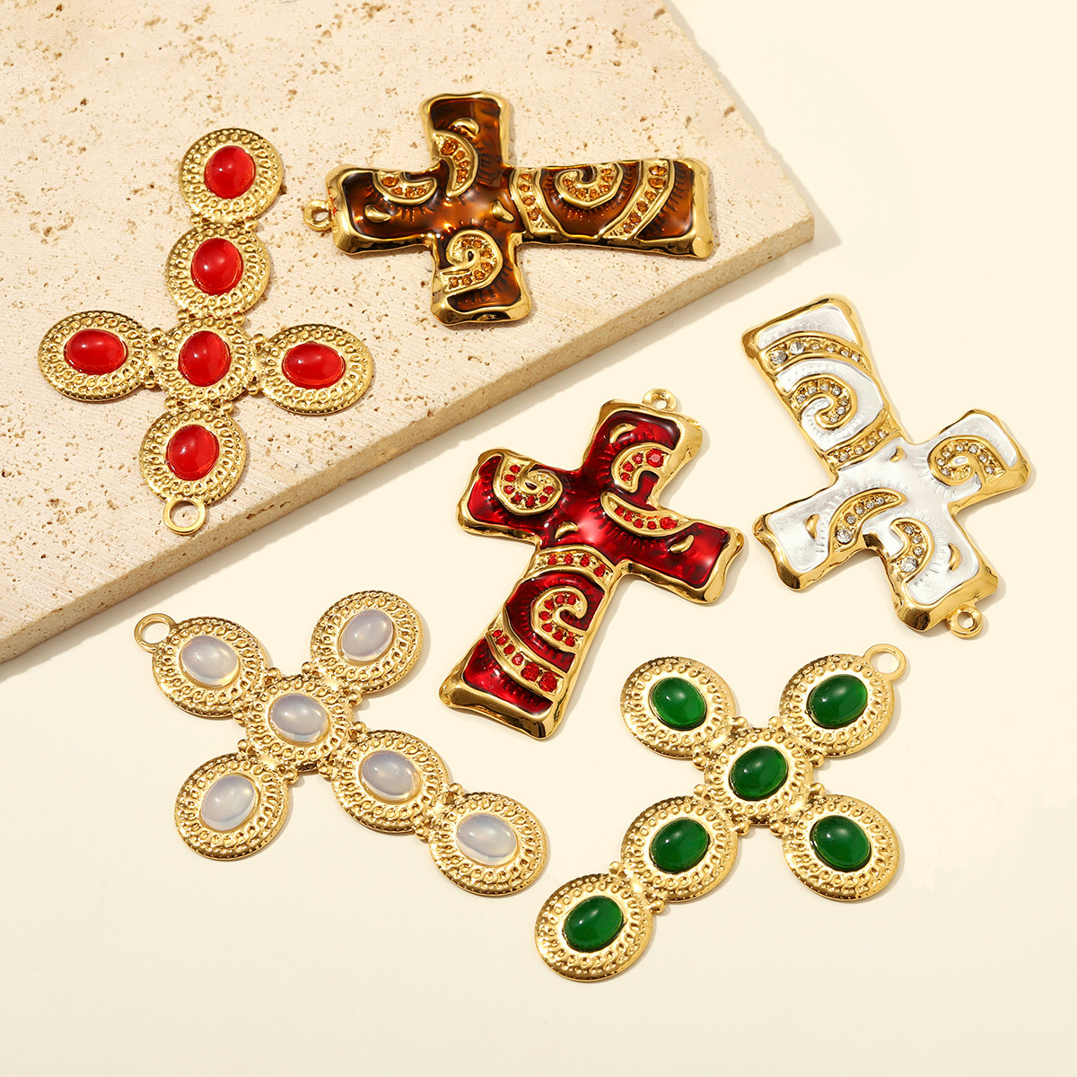 6pcs/pack Big Size Stainless Steel Natural Stone Cross DIY Earring Charms Enamel Conch Necklace Pendant Women Jewelry Wholesale