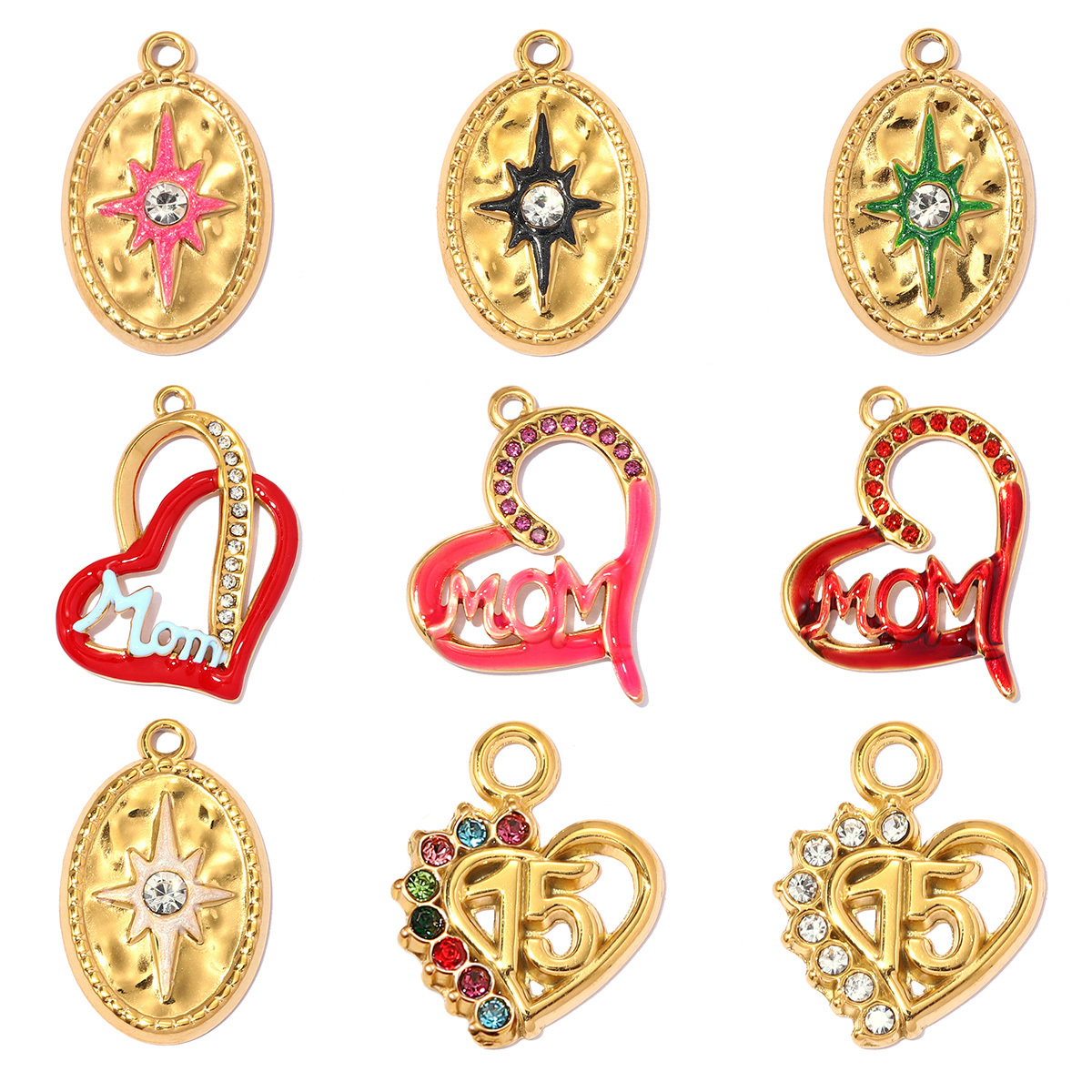 6pcs/pack Stainless Steel Rhinestone Heart Mom DIY Charms Number 15 Star Necklace Pendant Women Oval Jewelry Wholesale
